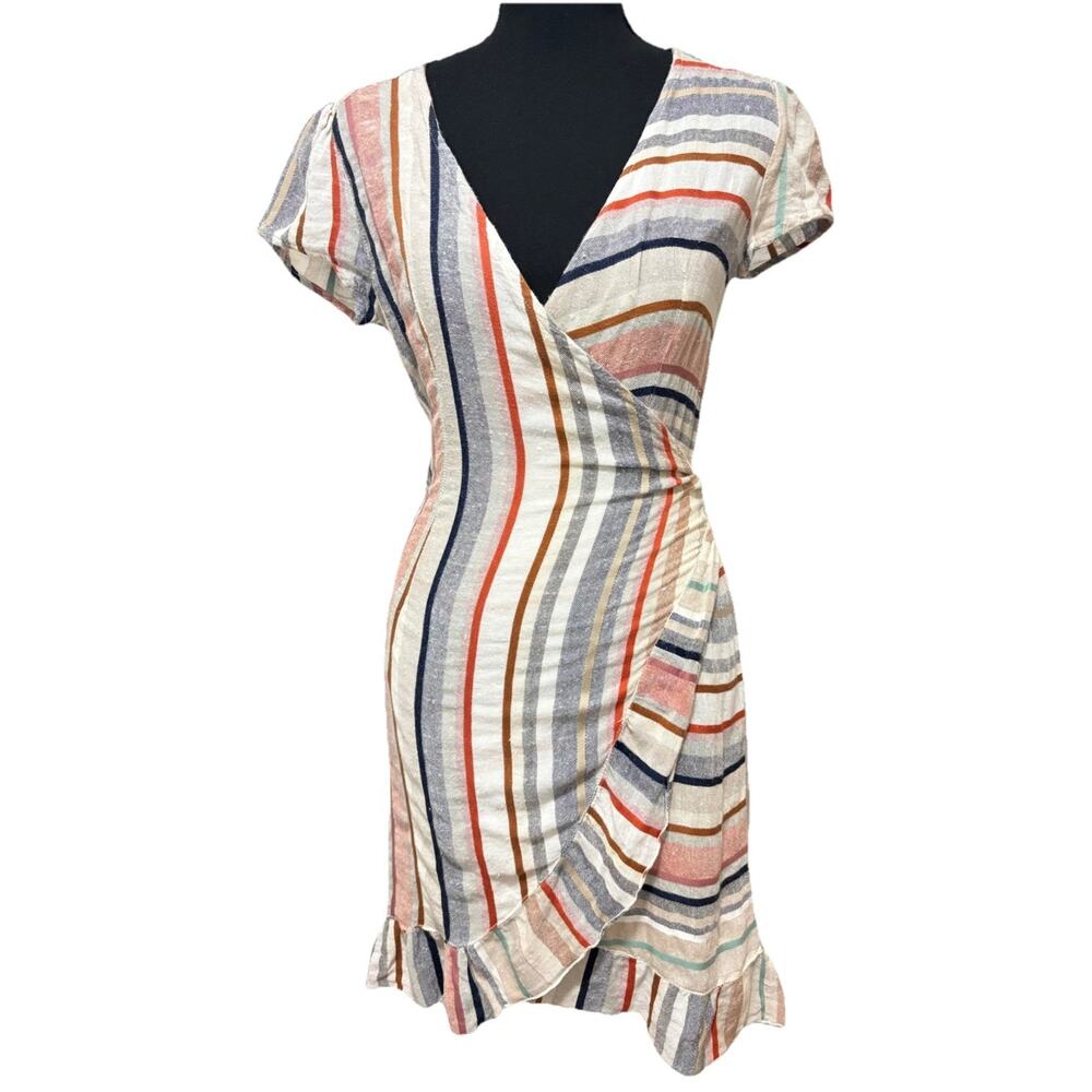 Free People Striped Faux Wrap Dress Small Ruffle Hem Tie Back Coastal Beach Mini
